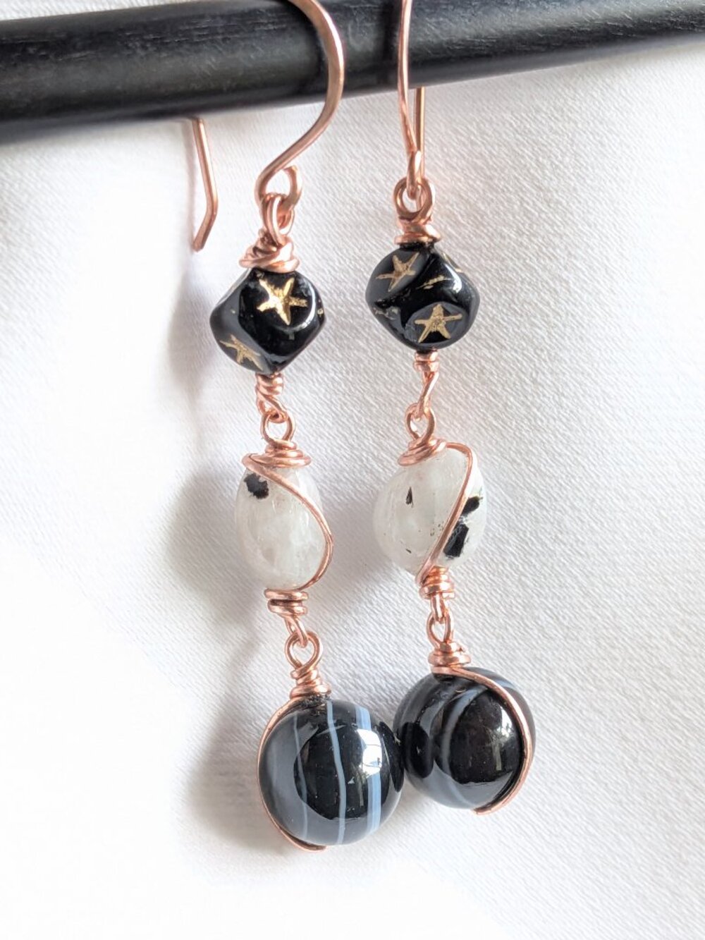Copper Earrings with Banded Agates, Czech Glass Star Cubes and Moonstones - Picture 3 of 10